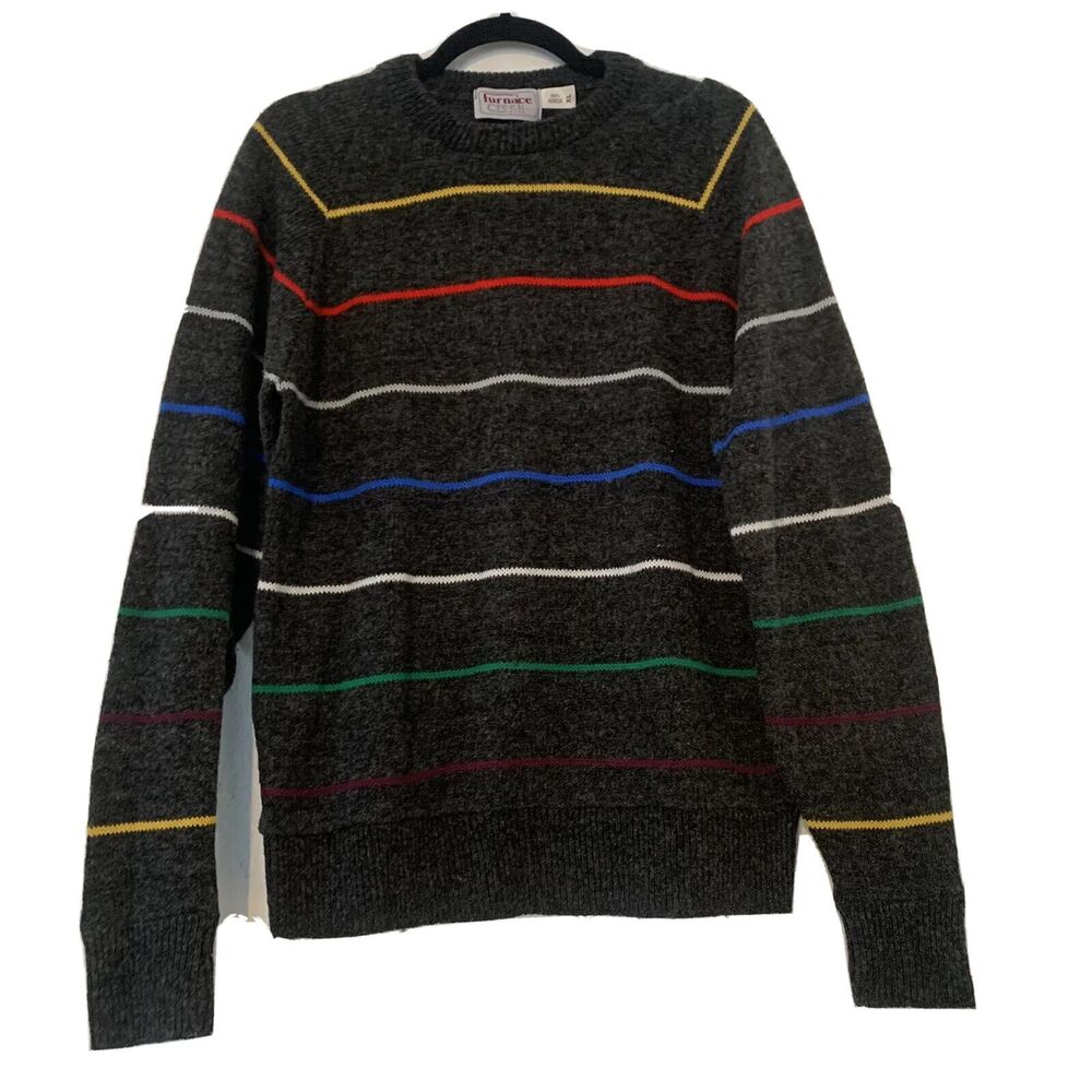 Vtg Furnace Creek Mens XL Sweater Grandpa Cosby Coogi Style Rainbow Grey Stripes